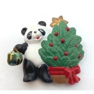 Vintage Panda Bear And Christmas Tree Brooch Pin